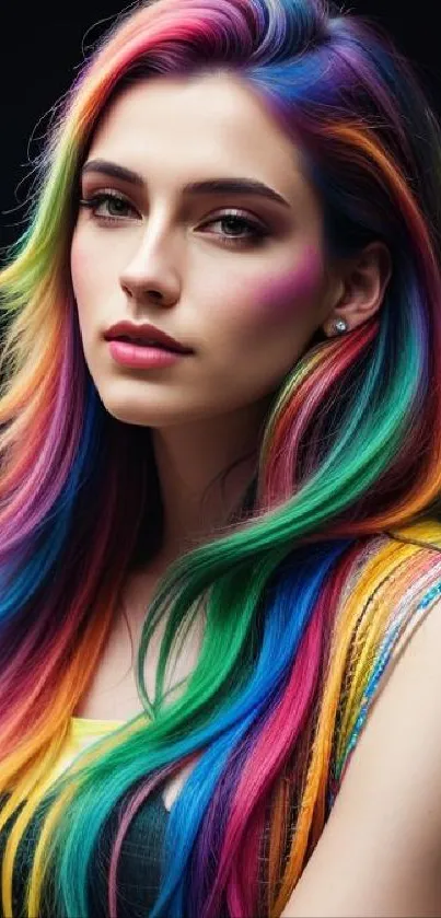 A vibrant portrait of a woman with multicolored rainbow hair against a dark background.