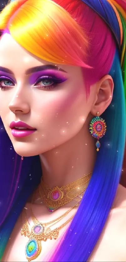 A vibrant portrait with rainbow hair and jewelry on a dark background.