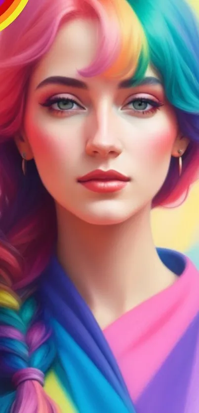 Colorful rainbow-haired portrait in pastel hues for mobile wallpaper.