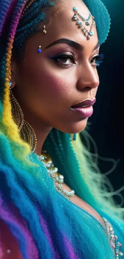 Woman with vibrant rainbow braids and teal background.