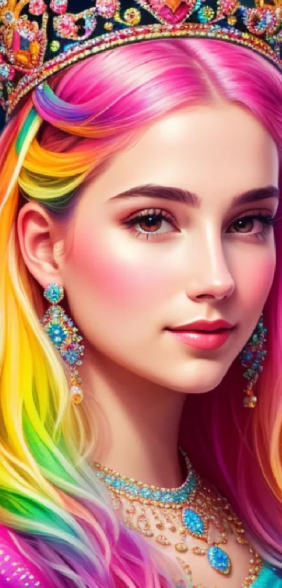 Princess with rainbow hair and jeweled crown in vibrant colors.