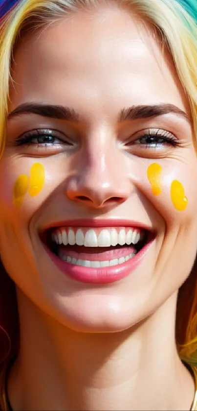 Smiling woman with vibrant rainbow hair.