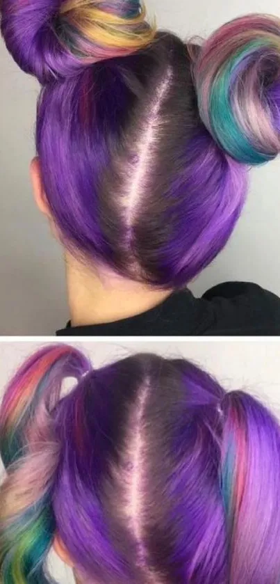 Colorful rainbow hairstyle with vibrant purple and rainbow hues.