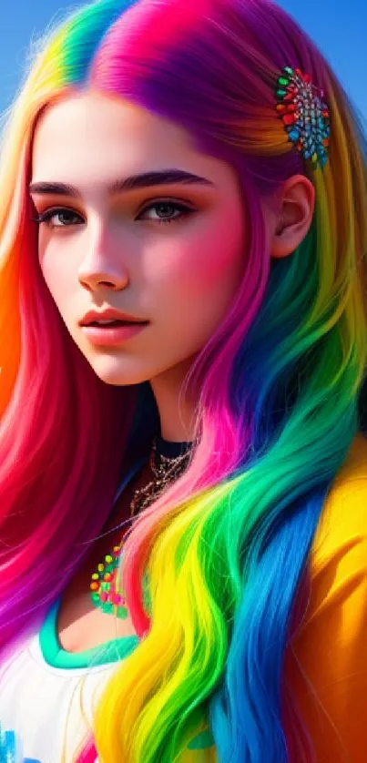 A vibrant rainbow-haired model set against a bright blue backdrop.