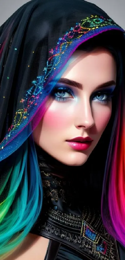 Stylish model with rainbow-colored hair and elegant black attire.