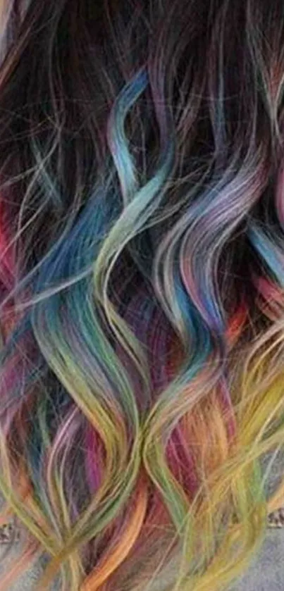 Mobile wallpaper showcasing vibrant rainbow colored hair.