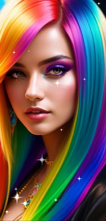 Vibrant multicolor rainbow-haired woman in stylish wallpaper.