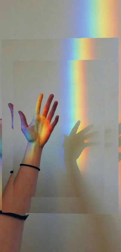 Vibrant rainbow light reflections on hands.