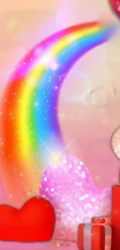 Colorful rainbow heart mobile wallpaper with sparkling effects.