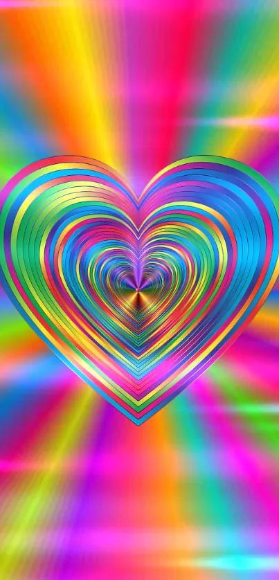 Vibrant rainbow heart design with colorful abstract background.