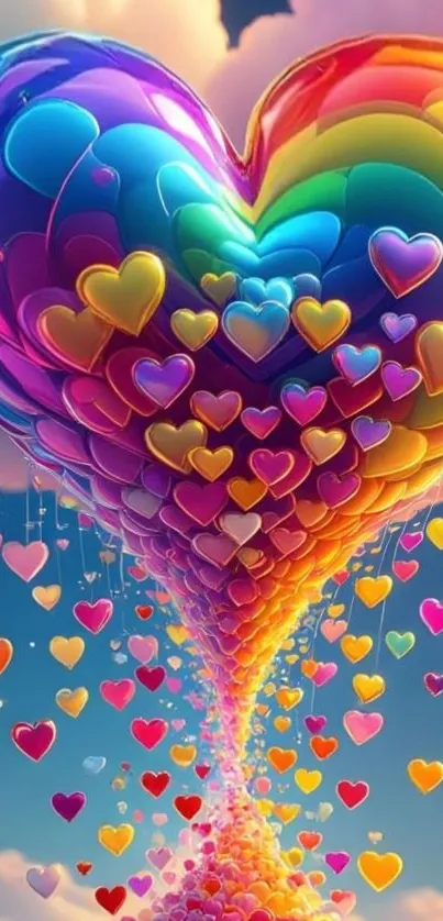 Vibrant rainbow heart with colorful floating hearts against a dreamy sky backdrop.