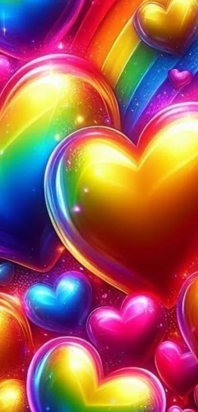 Colorful rainbow heart wallpaper design.