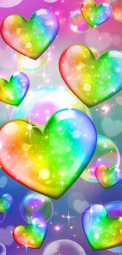 Vibrant wallpaper with rainbow colored hearts and sparkles.