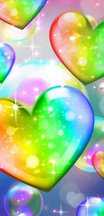 Colorful rainbow heart mobile wallpaper with sparkles.