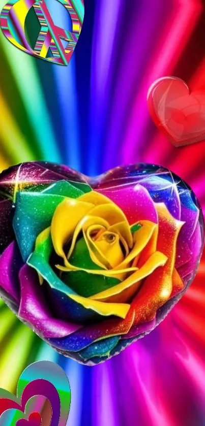 Colorful heart with rainbow rose design on vibrant background.