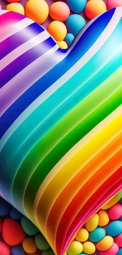 Vibrant rainbow heart wallpaper with colorful stripes.