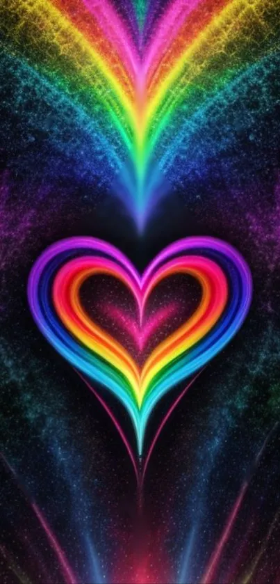 Vibrant rainbow heart with colorful gradient against a starry black background.