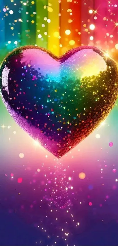 A sparkling rainbow heart in a colorful background.