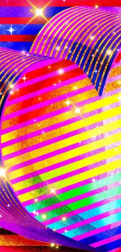 Vibrant 3D rainbow heart with sparkling effects on a colorful striped background.