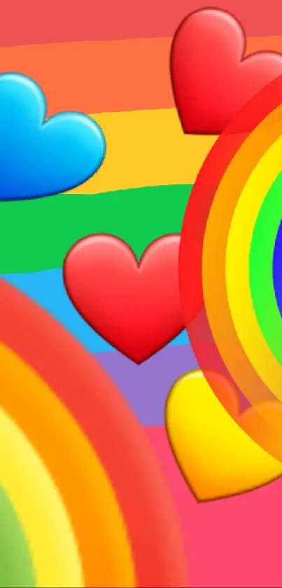 Bright rainbow wallpaper with hearts and vibrant colors for mobile phones.
