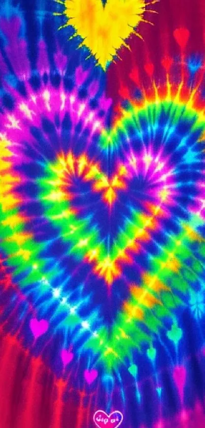 Vibrant rainbow tie-dye heart mobile wallpaper with colorful patterns.