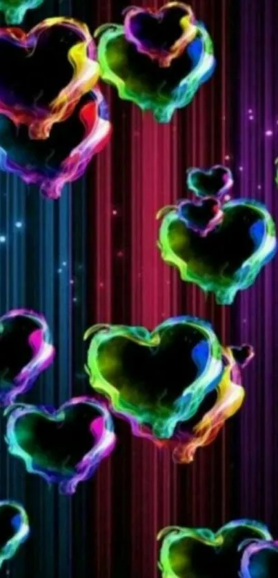 Vibrant rainbow heart wallpaper with glowing effects.