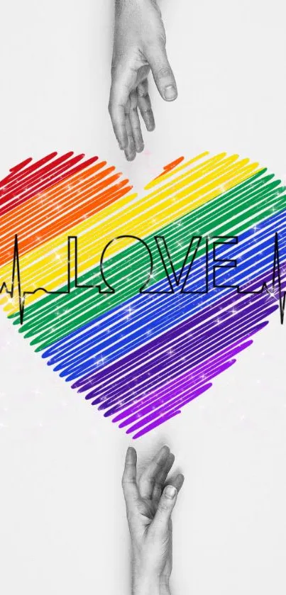 Colorful rainbow heart with love text and hands reaching out.