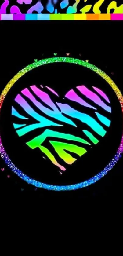 Rainbow zebra heart on black background, vibrant colors