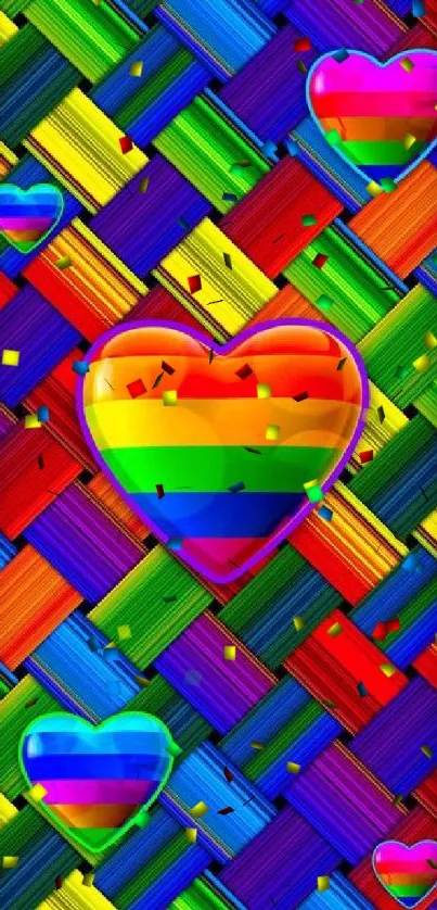 Vibrant rainbow heart wallpaper with colorful woven texture.