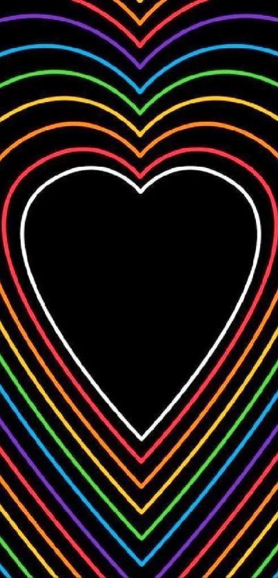 Mobile wallpaper with rainbow heart pattern on black background.