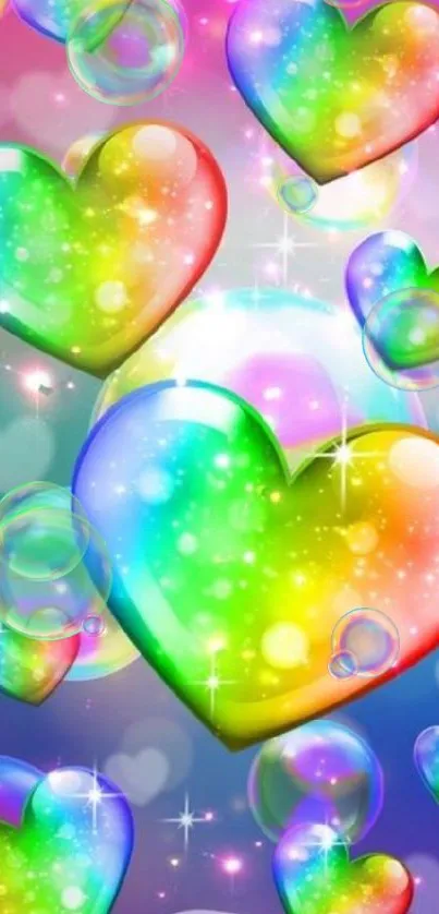 Colorful wallpaper with rainbow hearts and bubbles.