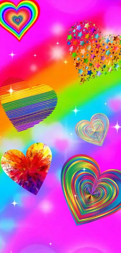 Colorful wallpaper with vibrant rainbow hearts on a bright pink background.