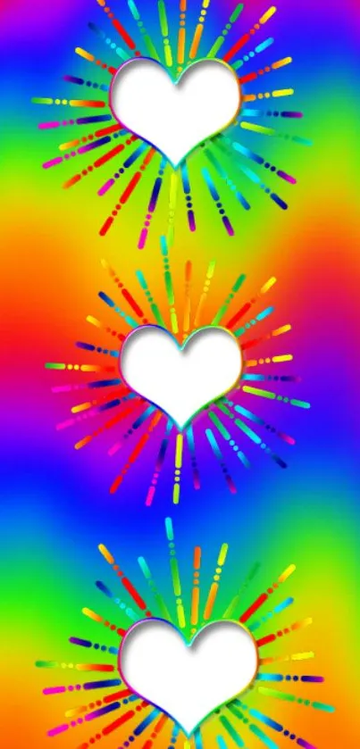 Vibrant rainbow color wallpaper with heart patterns and energetic bursts.