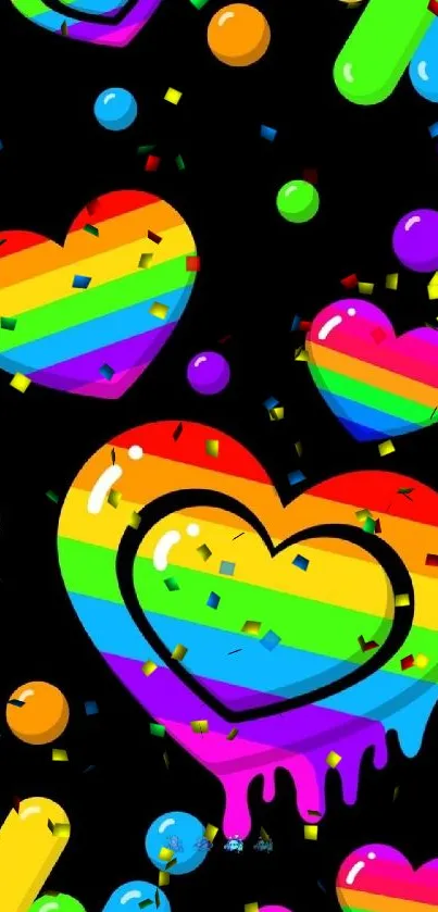 Colorful rainbow hearts and vibrant design on black mobile wallpaper.