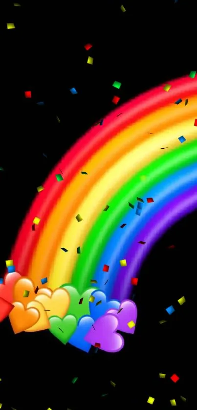 Colorful rainbow with hearts on black background.