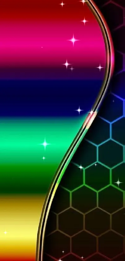 Colorful rainbow and hexagon pattern phone wallpaper.