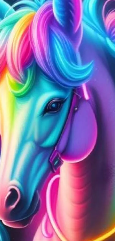 Vibrant rainbow horse with neon colors.