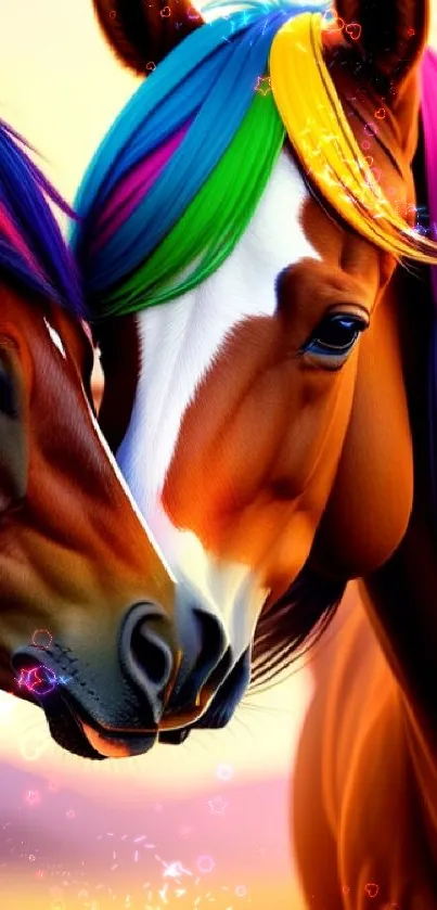 Stylized horses with rainbow manes in a vibrant, colorful artwork.