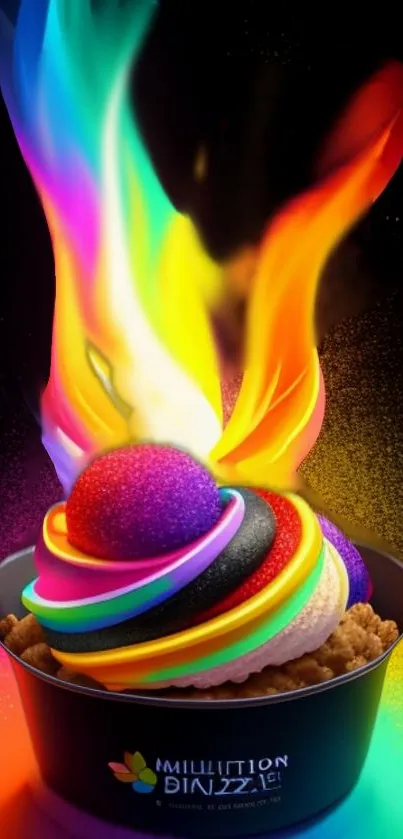 Vibrant rainbow ice cream with fiery flames on a black background.