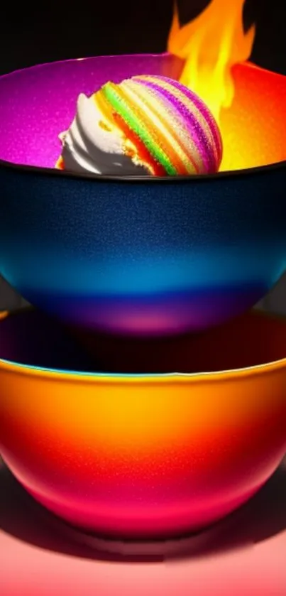 Vibrant wallpaper with fiery rainbow ice-cream in colorful bowls.