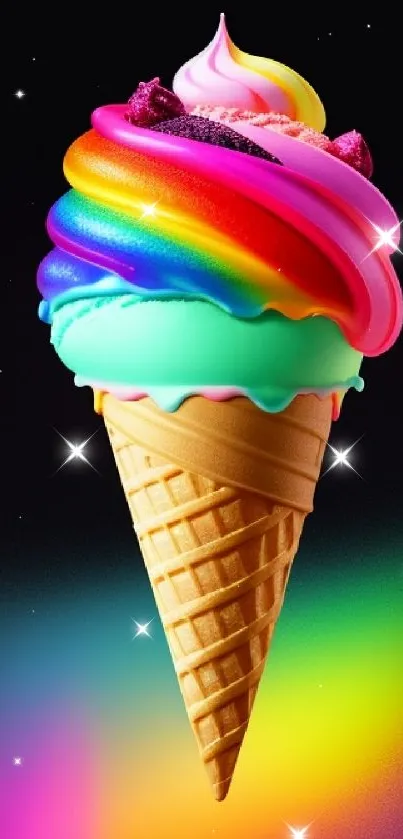 Colorful rainbow ice cream cone on black background.