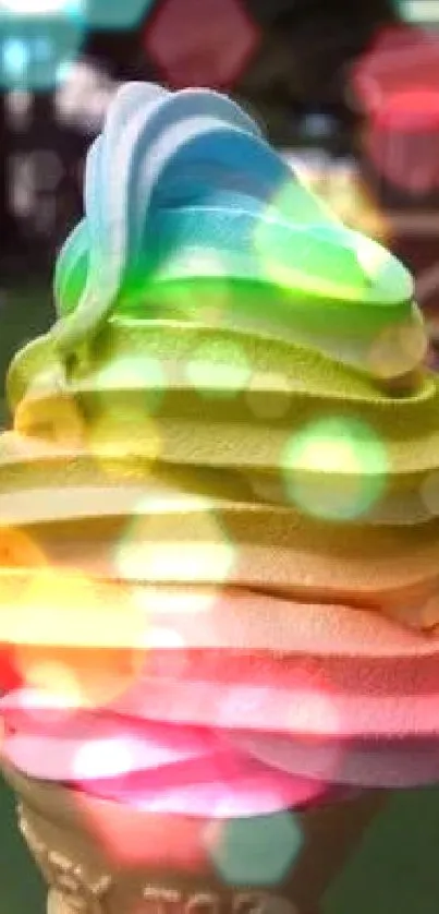 Vibrant rainbow swirl ice cream cone on a sunny day.