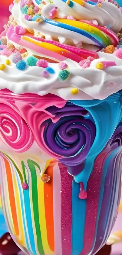 Rainbow ice cream with colorful swirls and candy toppings.