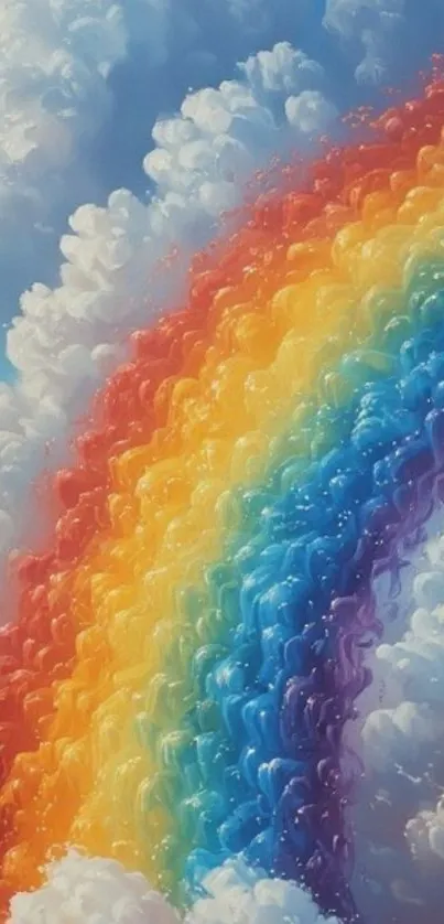 A vibrant rainbow arcs through fluffy clouds in a colorful sky.
