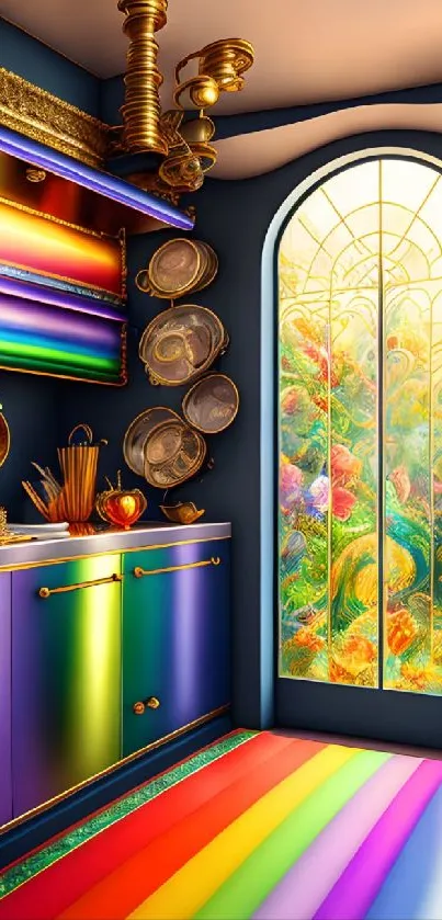 Vibrant kitchen with rainbow decor and colorful window.