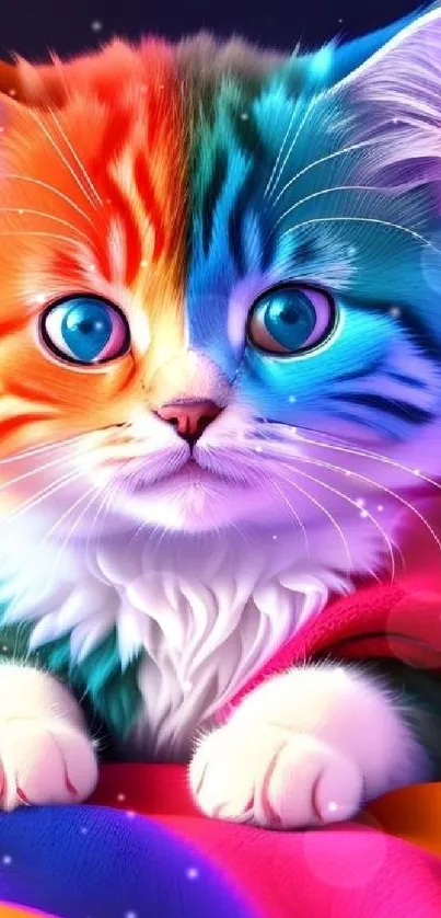 Vibrant rainbow kitten with colorful fur sits on a bright blanket.