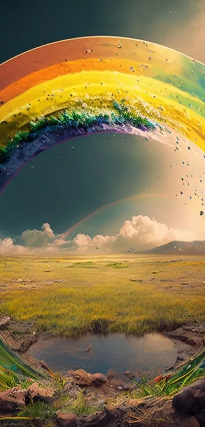 Vibrant rainbow over a serene meadow landscape at sunrise.