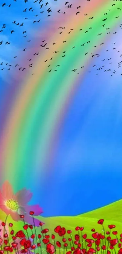 Colorful rainbow over fields with flowers and birds.
