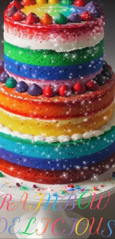 Vibrant rainbow layered cake with sparkling decorations.