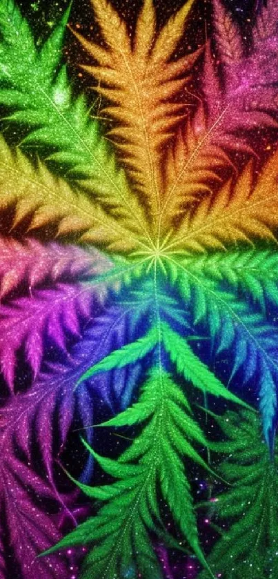 Vibrant rainbow leaf with a psychedelic design on a dark background.